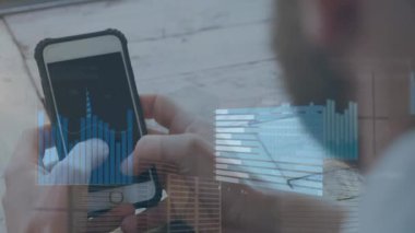 Animation of statistics and data processing over woman using smartphone. Global business connections digital interface and technology concept digitally generated video.