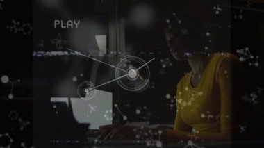Animation of screen with glitch and network of connections over biracial businesswoman in office. Global business, finance, computing and data processing concept digitally generated video.