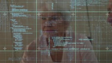 Animation of data processing over senior caucasian couple talking. Global business, retirement and digital interface concept digitally generated video.