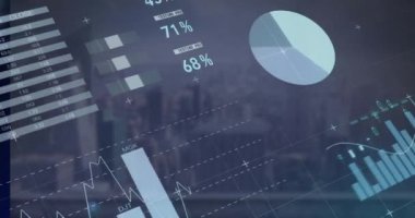 Animation of statistics, data processing over cityscape. Global business, finance and data processing concept digitally generated video.