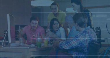 Animation of statistical data processing over team of diverse colleagues discussing at office. Basins data technology concept