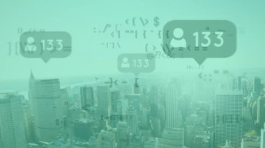 Animation of data processing with numbers over cityscape. Global business, finances, computing and data processing concept digitally generated video.