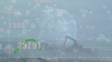 Animation of statistical data processing and covid-19 cells against crane operating in junkyard. Covid-19 pandemic and business data technology concept