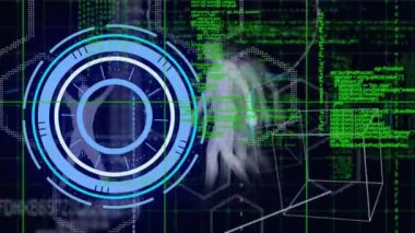 Animation of neon round scanner, data processing and geometric shapes against human body model. Computer interface and medical research technology concept