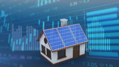 Animation of statistics and data processing over house with solar panels. Global solar energy, sustainability, computing, digital interface and data processing concept digitally generated video.