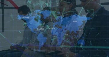 Animation of red lines, world map and financial data processing over business people in office. Global business, finance, data processing and computing concept digitally generated video.