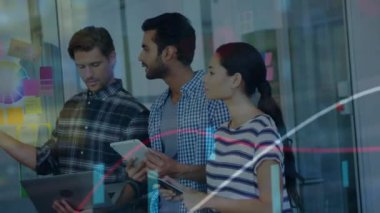 Animation of financial data processing over diverse business people brainstorming at office. Global business, finances and digital interface concept, digitally generated video.