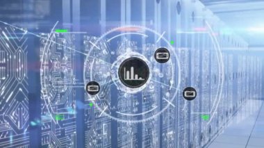 Sunucu odasındaki simgeler ve veri işleme ağı animasyonu. küresel bağlantılar, bilgisayar ve dijital arayüz konsepti dijital olarak oluşturulmuş video.