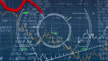 Animation of scope scanning over financial and stock market data processing against blue background. Global economy and business technology concept