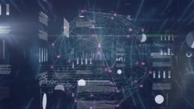 Animation of financial data processing over network of connections on black background. Global business, finances and digital interface concept digitally generated video.