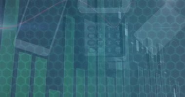 Animation of financial data processing over desk. Global business, finance, computing, digital interface and data processing concept digitally generated video.