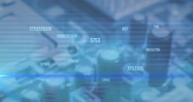 Animation of numbers changing and lens flare over defocused motherboard. Digital composite, multiple exposure, illuminated, growth, digits and technology concept.