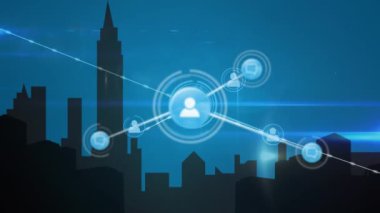 Animation of network of connections over cityscape. Global business and digital interface concept digitally generated video.