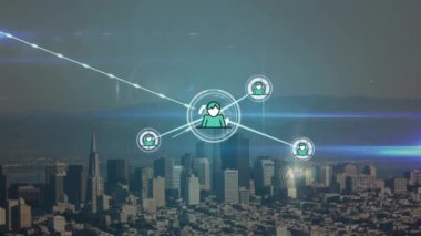 Animation of connected icons and lens flares against aerial view of city against mountains. Digital composite, multiple exposure, illuminated, communication, nature, skyscrapers and technology.