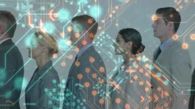 Animation of network of connections over caucasian business people in row. Global business and digital interface concept digitally generated video.