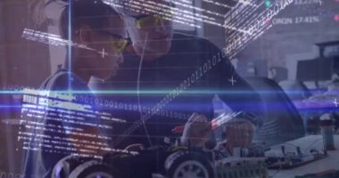 Animation of trading board and programming language, diverse teacher teaching welding to girl. Digital composite, multiple exposure, binary codes, coding, childhood, machine learning and technology.
