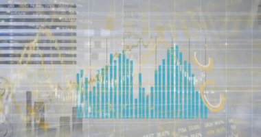 Animation of statistics and financial data processing over cityscape. Global business, finances and data processing concept digitally generated video.