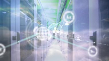 Animation of icons connected with lines and cloudscape over server room in background. Digital composite, multiple exposure, globalization, nature, networking, technology and network server.