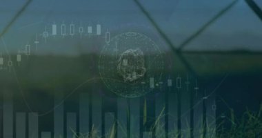 Animation of financial data processing over landscape. Global business, finance, computing, digital interface and data processing concept digitally generated video.