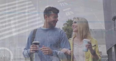 Animation of financial data processing over caucasian couple walking in city. Global business, finance, computing and data processing concept digitally generated video.