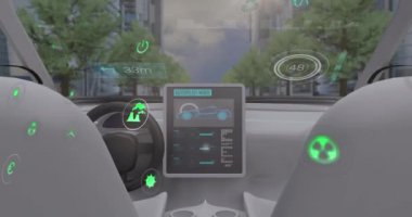 Animation of data processing over car and cityscape. Global business and digital interface concept digitally generated video.