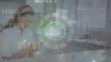 Animation of financial data processing over caucasian businesswoman using smartphone. Global business, finance, computing and data processing concept digitally generated video.
