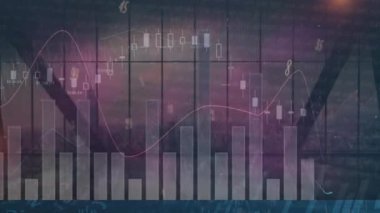 Animation of statistical data processing and numbers floating over view of cityscape from office. Business data technology concept