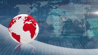 Animation of globe over world map and data processing. Global networks, business, finances, computing and data processing concept digitally generated video.