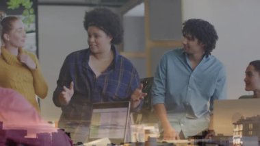 Animation of landscape over diverse business people talking in office. Global business, finance, computing and data processing concept digitally generated video.