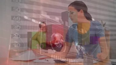 Animation of data processing over caucasian couple with documents. Global business and digital interface concept digitally generated video.