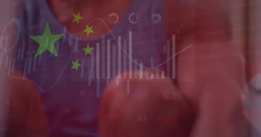 Animation of graphs, circles and flag of china, african american male athlete doing exercise in gym.