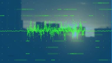Animation of numbers and sound equalizer over blurred cityscape. City life, finance and technology concept digitally generated video.