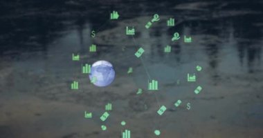 Animation of network of digital icons over spinning globe against grey background. Global networking and business technology concept