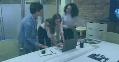 Animation of blue line and data processing over diverse business people using laptop. Global business, finance, computing and data processing concept digitally generated video.