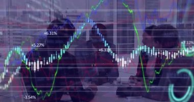 Animation of multiple graphs with numbers and trading board over diverse coworkers sharing ideas. Digital composite, multiple exposure, stock market, report, finance, communication and technology.