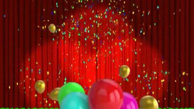 Animation of multicolored balloons and confetti over red curtains against green background. Digital composite, multiple exposure, theater, party, abstract and celebration concept.