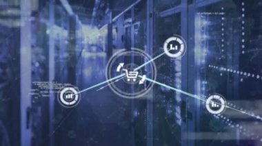 Animation of network of connections with icons and data processing over server room. Global connections, technology and digital interface concept digitally generated video.