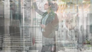 Animation of data processing over woman and cityscape. Global connections, computing and data processing concept digitally generated video.