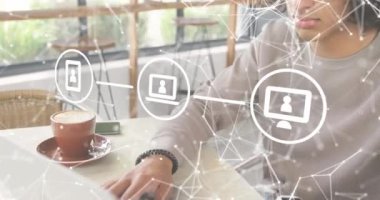 Animation of data processing and networks over man using laptop. Global computing, networks, business, finance and data processing concept digitally generated video.