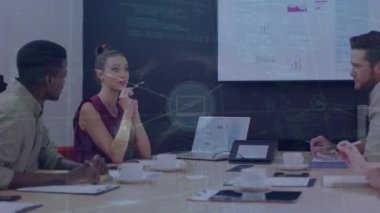 Animation of connected icons, programming language over diverse coworkers sharing ideas in meeting. Digital composite, multiple exposure, coding, machine learning, communication and technology.