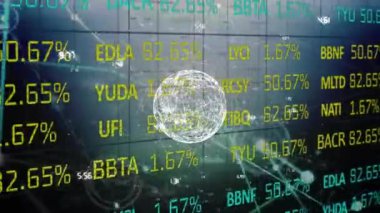 Animation of globe with connections and financial data processing. Global business, finances, connections, computing and data processing concept digitally generated video.