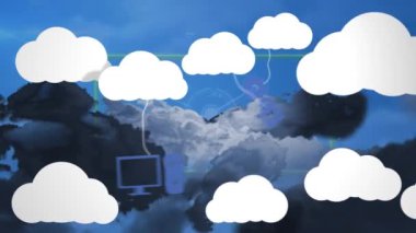 Animation of digital clouds with electronic devices over connections. Global cloud computing and data processing concept digitally generated video.