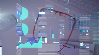 Animation of statistics and data processing over desk with computer and office items. Global business, finance and data processing concept digitally generated video.
