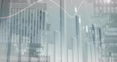 Animation of statistical data processing against view of inverted tall buildings. Business data technology concept