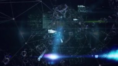 Animation of financial data processing over network of connections on black background. Global business, finances and digital interface concept digitally generated video.