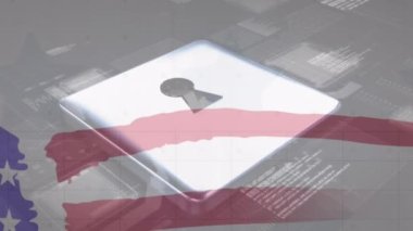 Animation of padlock, data processing and flag of usa. Global finance, business and data processing concept digitally generated video.