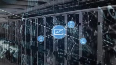 Animation of connected icons, dots forming shapes, bars and map against server room. Digital composite, multiple exposure, global, communication, illuminated, technology and network server concept.