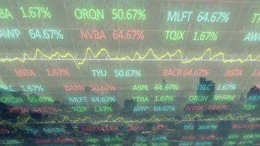 Finansal veri işlemenin animasyonu ve şehir manzarası istatistikleri. Küresel iş, finans, veri işleme ve bağlantılar konsepti dijital olarak oluşturulmuş video.