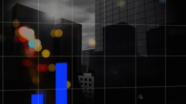 Animation of financial and business data processing with world map over cityscape. Global finances, business, connections and data processing concept digitally generated video.