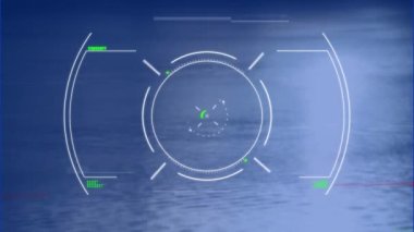 Animation of data processing with scope scanning and interference over sea. Global business and digital interface concept digitally generated video.